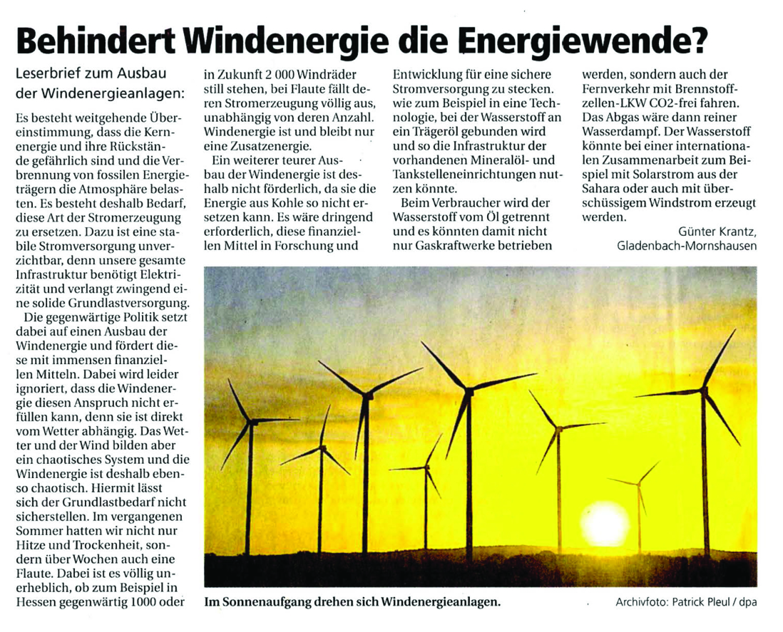 OP Leserbrief Behindert die Windenergie die Energiewende 20.12.2018