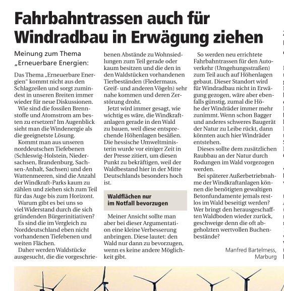 OP Leserbrief Fahrbahntrassen fuer Windradbau 16.05.2018