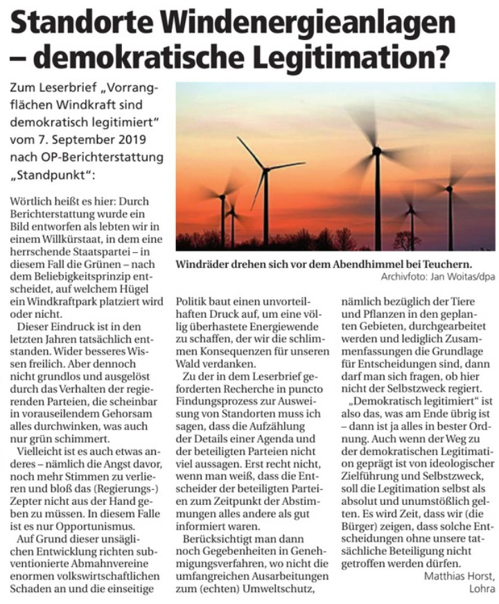 OP Leserbrief Standorte Windenergieanlagen demokratische Legitimation 12092019