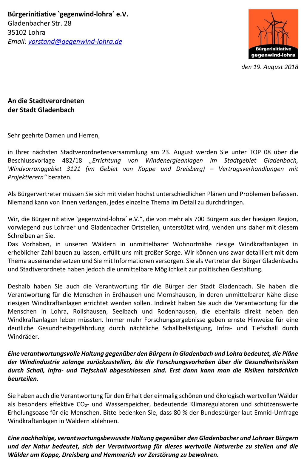 Brief BI an Stadtverordnete Gladenbach 19.08.2018 Seite 1 beschnitten