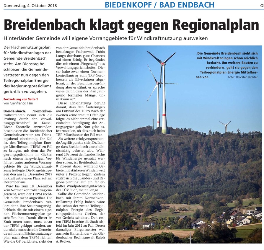 OP Breidenbach klagt gegen Regionalplan 04.10.2018