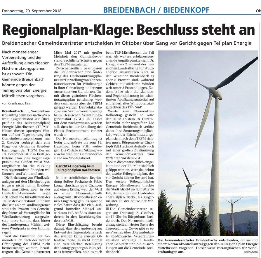 OP Regionalplanklage Breidenbach 20.09.2018